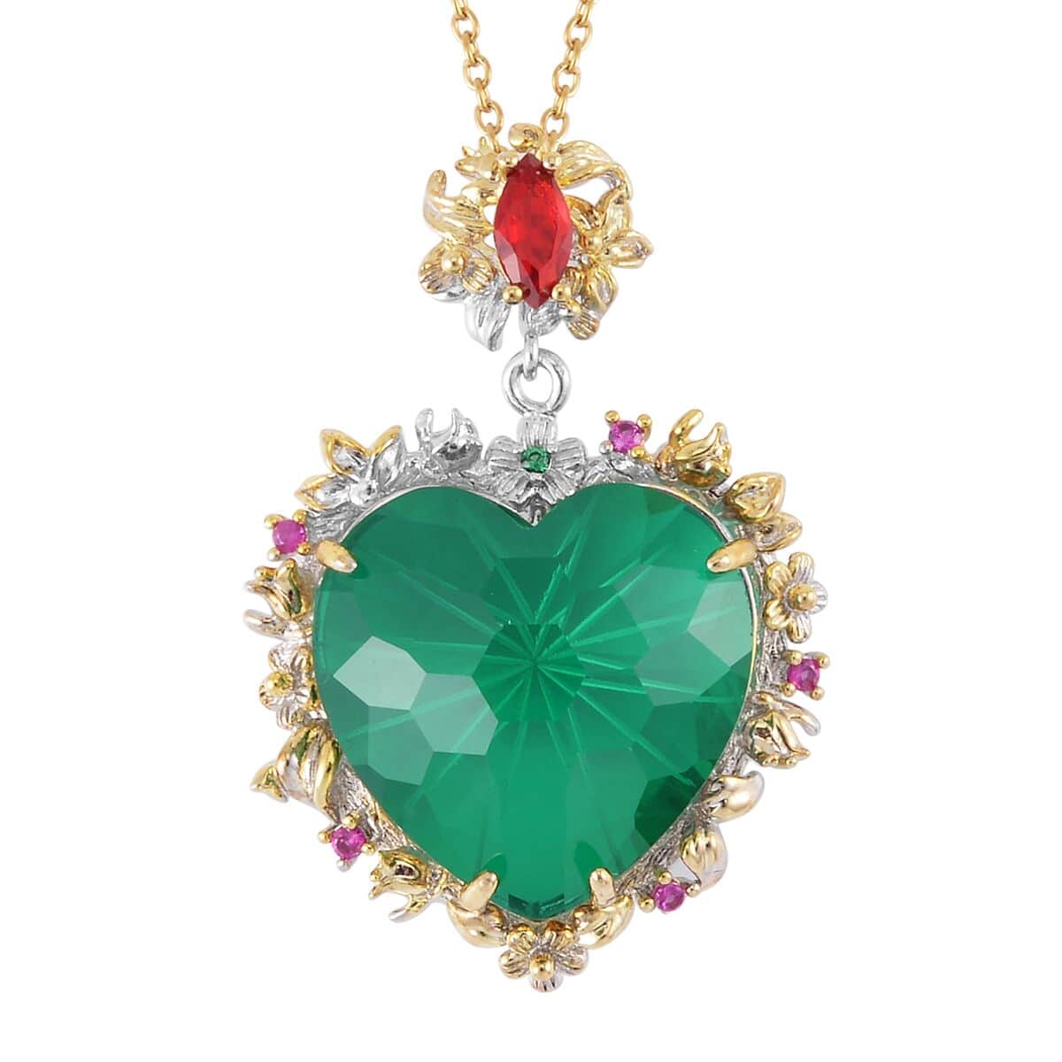 Simulated Emerald and Multi Gemstone Heart Pendant in Dualtone with Stainless Steel Necklace 20 Inches image number 0
