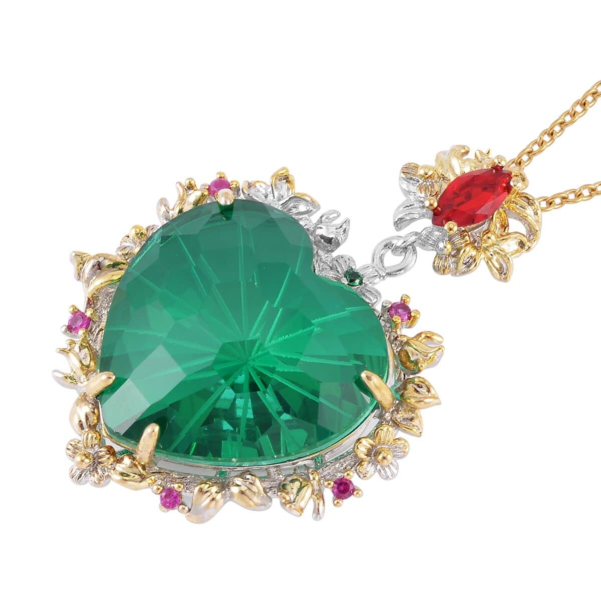 Simulated Emerald and Multi Gemstone Heart Pendant in Dualtone with Stainless Steel Necklace 20 Inches image number 3