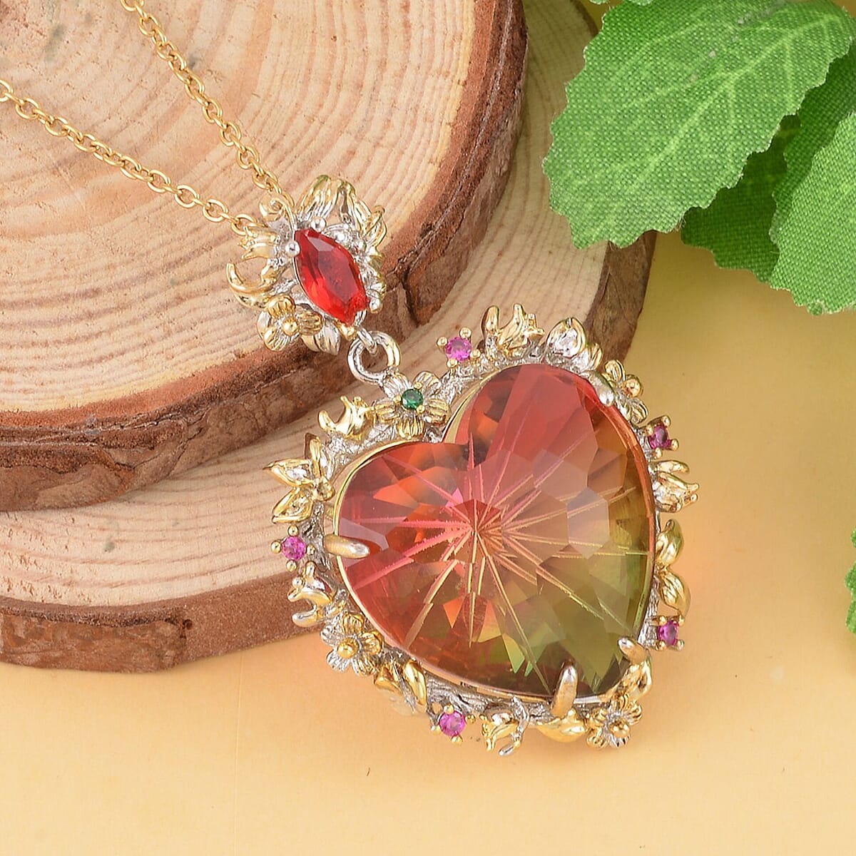 Simulated White Mystic Color Quartz and Multi Gemstone Heart Pendant in Dualtone with Stainless Steel Necklace 20 Inches image number 1