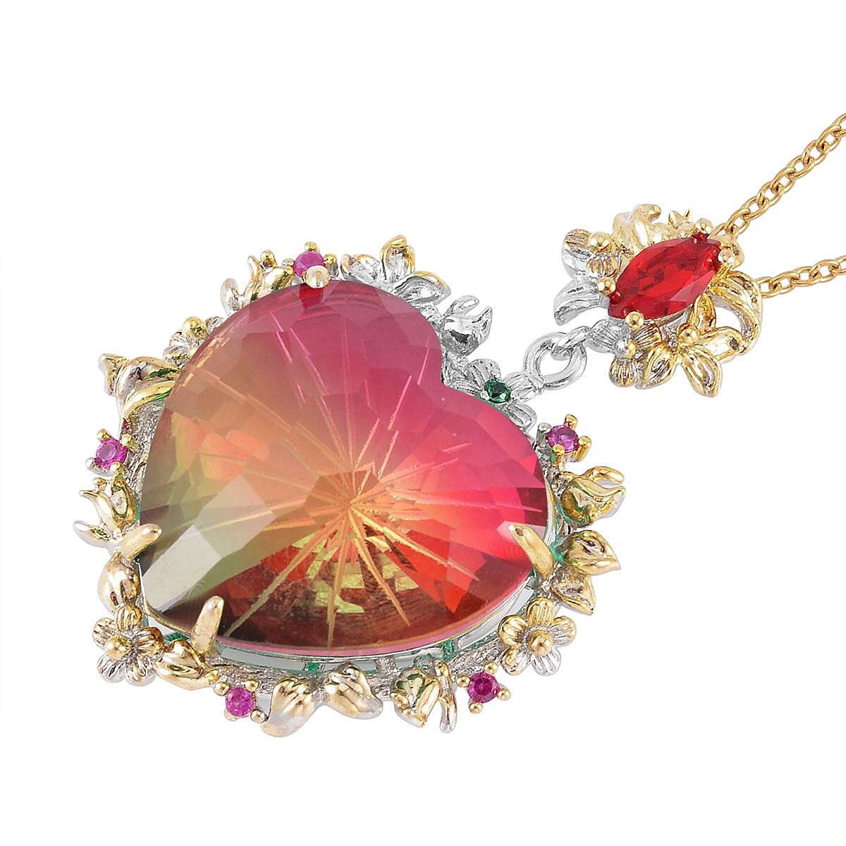 Simulated White Mystic Color Quartz and Multi Gemstone Heart Pendant in Dualtone with Stainless Steel Necklace 20 Inches image number 3