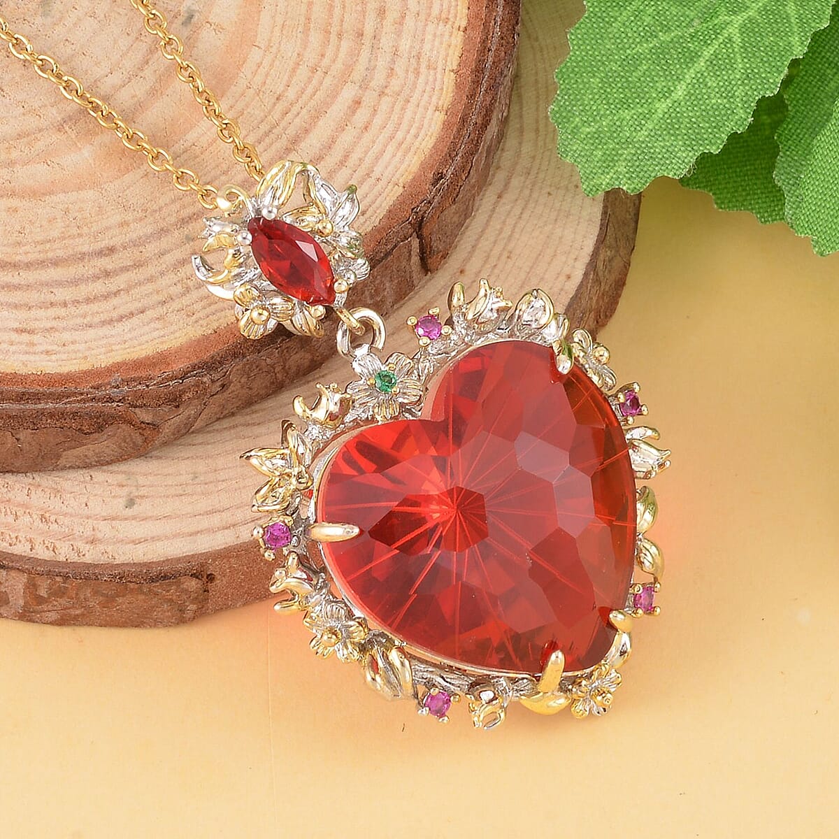 Simulated Ruby and Multi Gemstone Heart Pendant in Dualtone with Stainless Steel Necklace 20 Inches image number 1