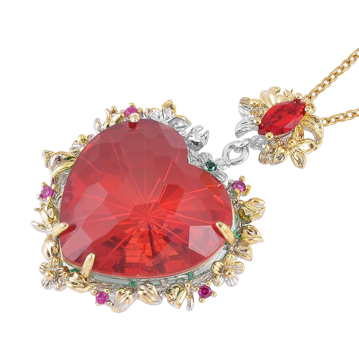 Simulated Ruby and Multi Gemstone Heart Pendant in Dualtone with Stainless Steel Necklace 20 Inches image number 3
