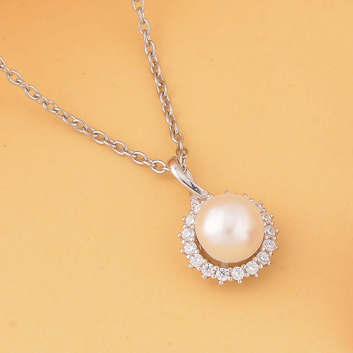 Freshwater Cultured Pearl and Simulated Diamond Pendant Necklace 20 Inches in Rhodium Over Sterling Silver and Stainless Steel 0.25 ctw image number 1