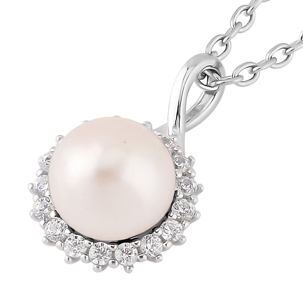 Freshwater Cultured Pearl and Simulated Diamond Pendant Necklace 20 Inches in Rhodium Over Sterling Silver and Stainless Steel 0.25 ctw image number 3