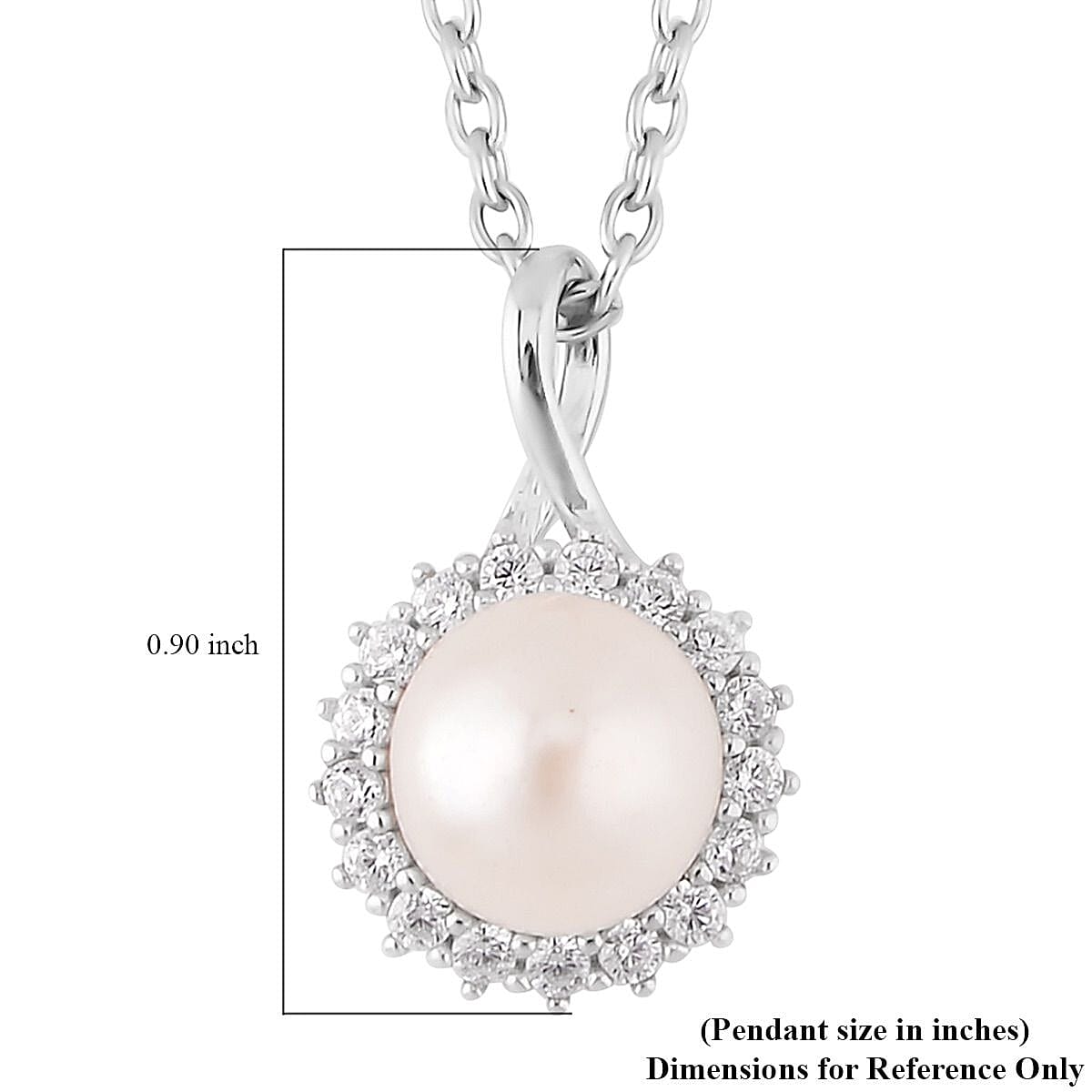 Freshwater Cultured Pearl and Simulated Diamond Pendant Necklace 20 Inches in Rhodium Over Sterling Silver and Stainless Steel 0.25 ctw image number 4