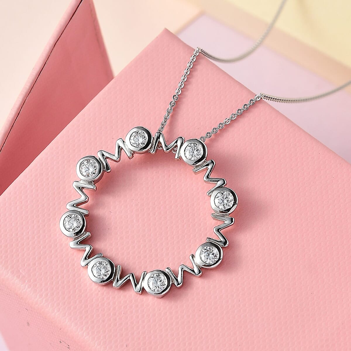 Moissanite MOM Circle Pendant Necklace 20 Inches in Platinum Over Sterling Silver 1.30 ctw image number 1