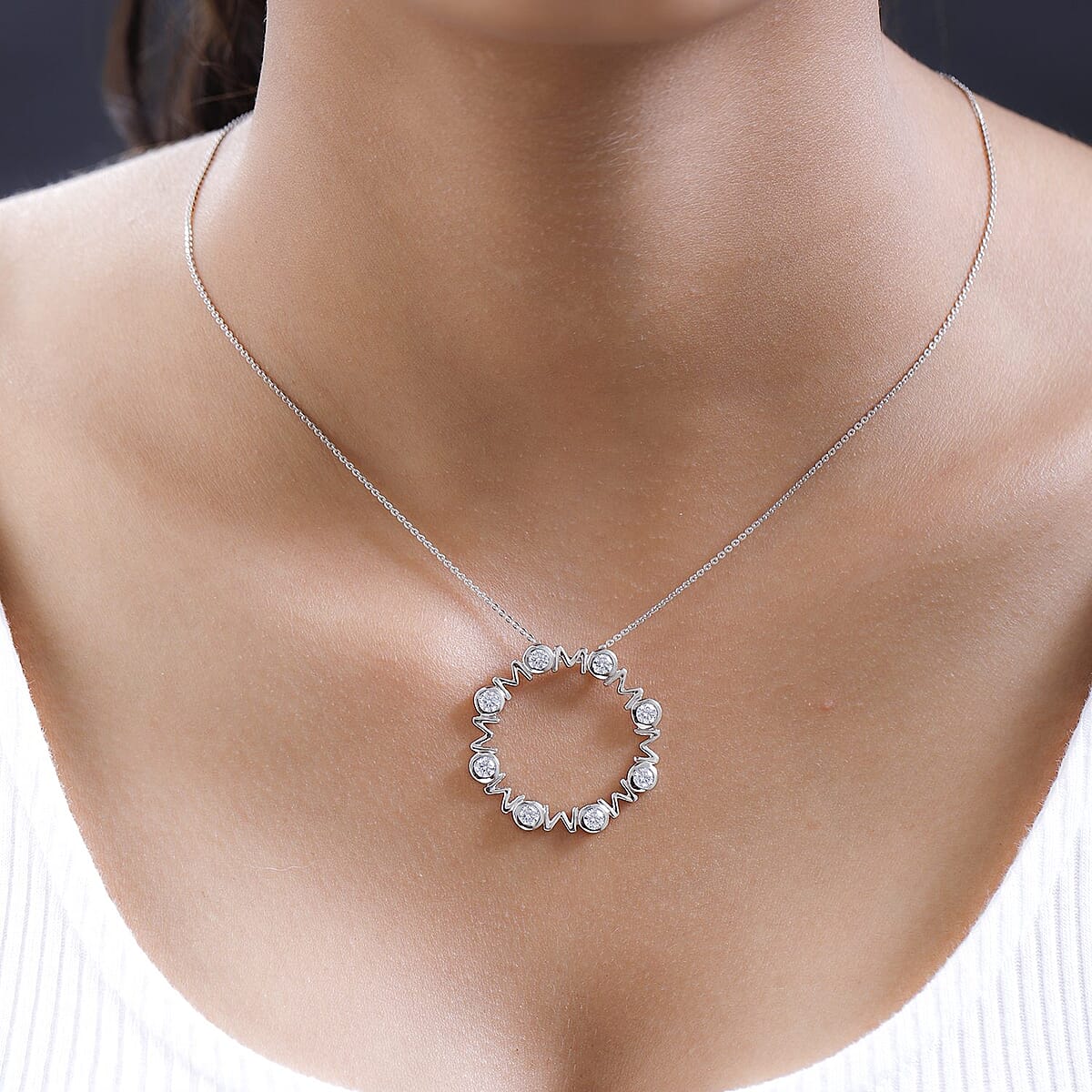 Moissanite MOM Circle Pendant Necklace 20 Inches in Platinum Over Sterling Silver 1.30 ctw image number 2