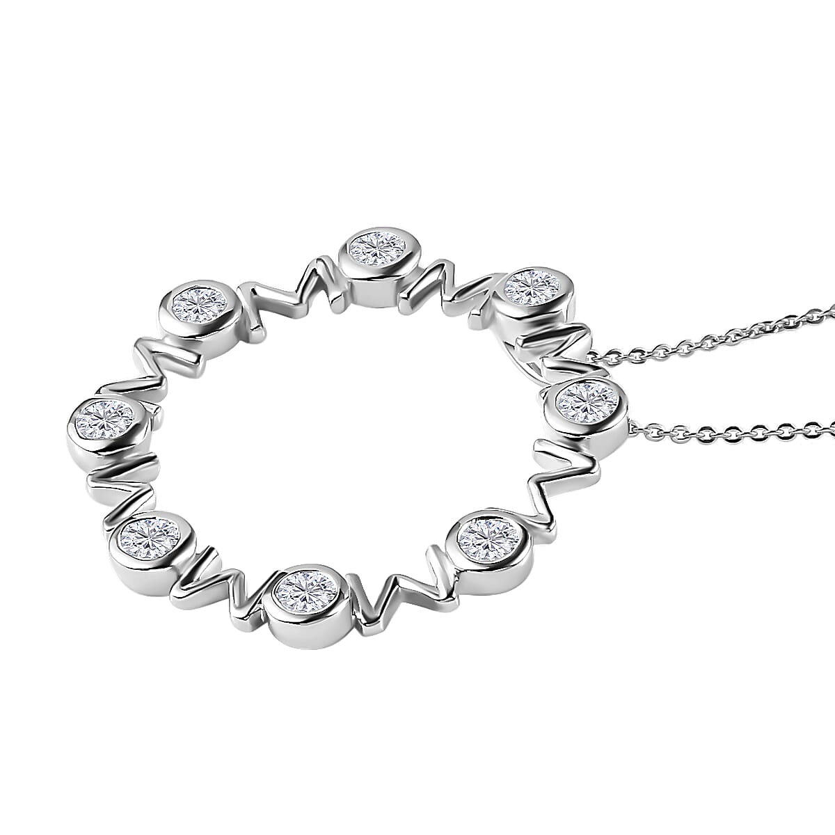 Moissanite MOM Circle Pendant Necklace 20 Inches in Platinum Over Sterling Silver 1.30 ctw image number 3