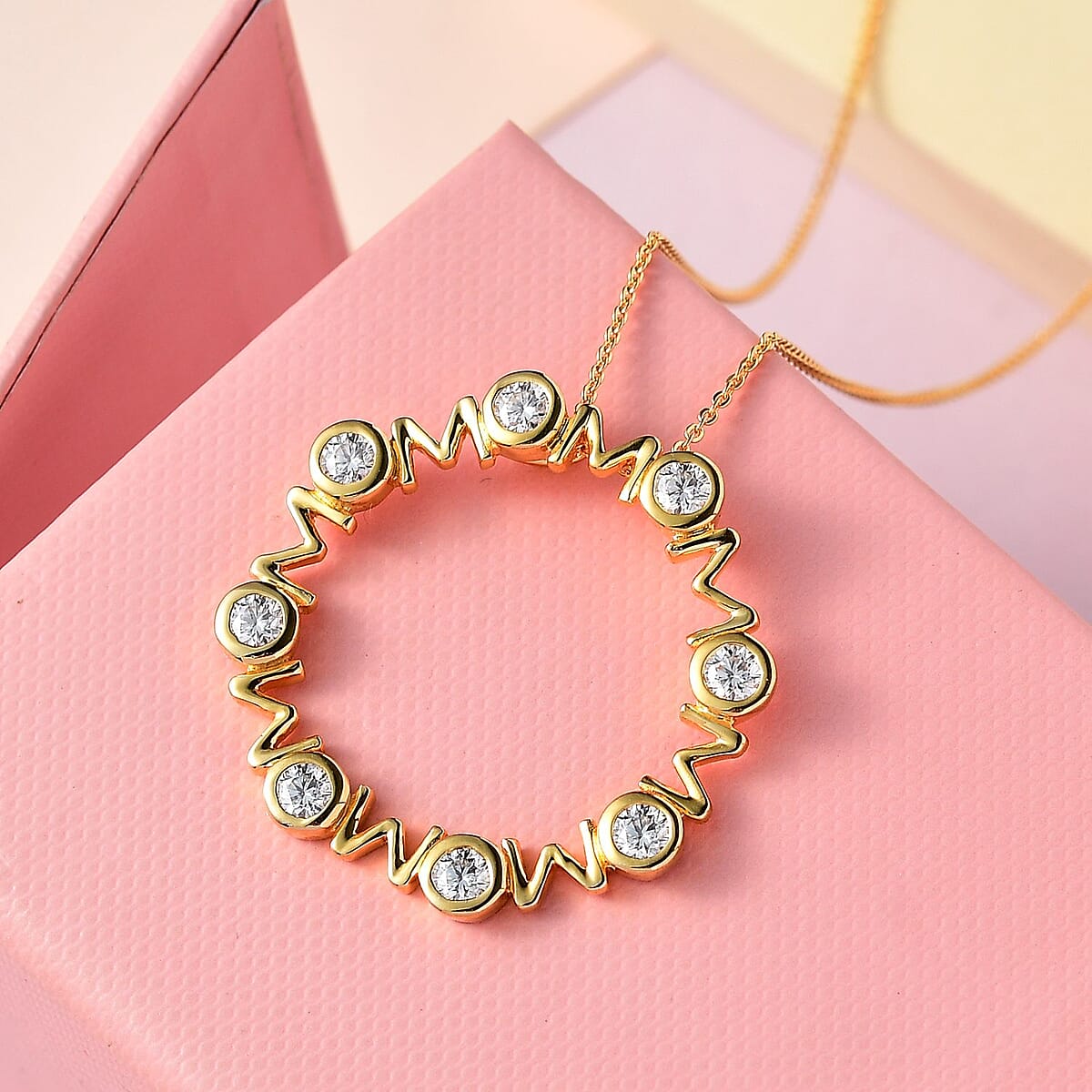 Moissanite "MOM" Circle Pendant Necklace (20 Inches) in Platinum Over Sterling Silver 1.30 ctw image number 1