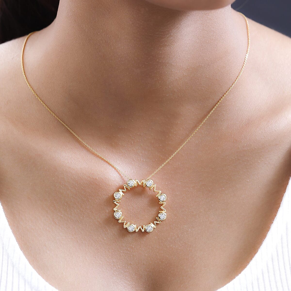 Moissanite "MOM" Circle Pendant Necklace (20 Inches) in Platinum Over Sterling Silver 1.30 ctw image number 2