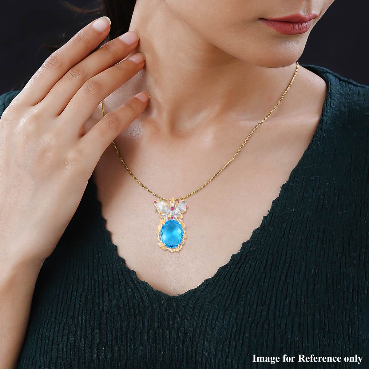 Simulated Swiss Blue Topaz, Simulated Multi Color Diamond Pendant Necklace in Goldtone and ION Plated YG Stainless Steel 20 Inches, Tarnish-Free, Waterproof, Sweat Proof Jewelry image number 2