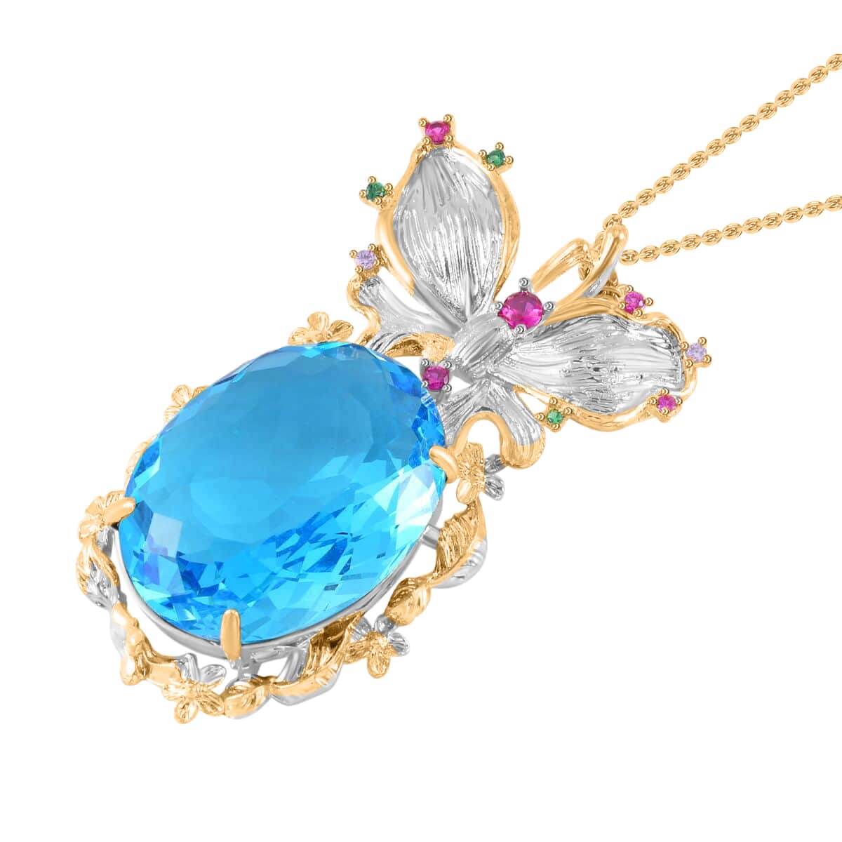 Simulated Swiss Blue Topaz, Simulated Multi Color Diamond Pendant Necklace in Goldtone and ION Plated YG Stainless Steel 20 Inches, Tarnish-Free, Waterproof, Sweat Proof Jewelry image number 3