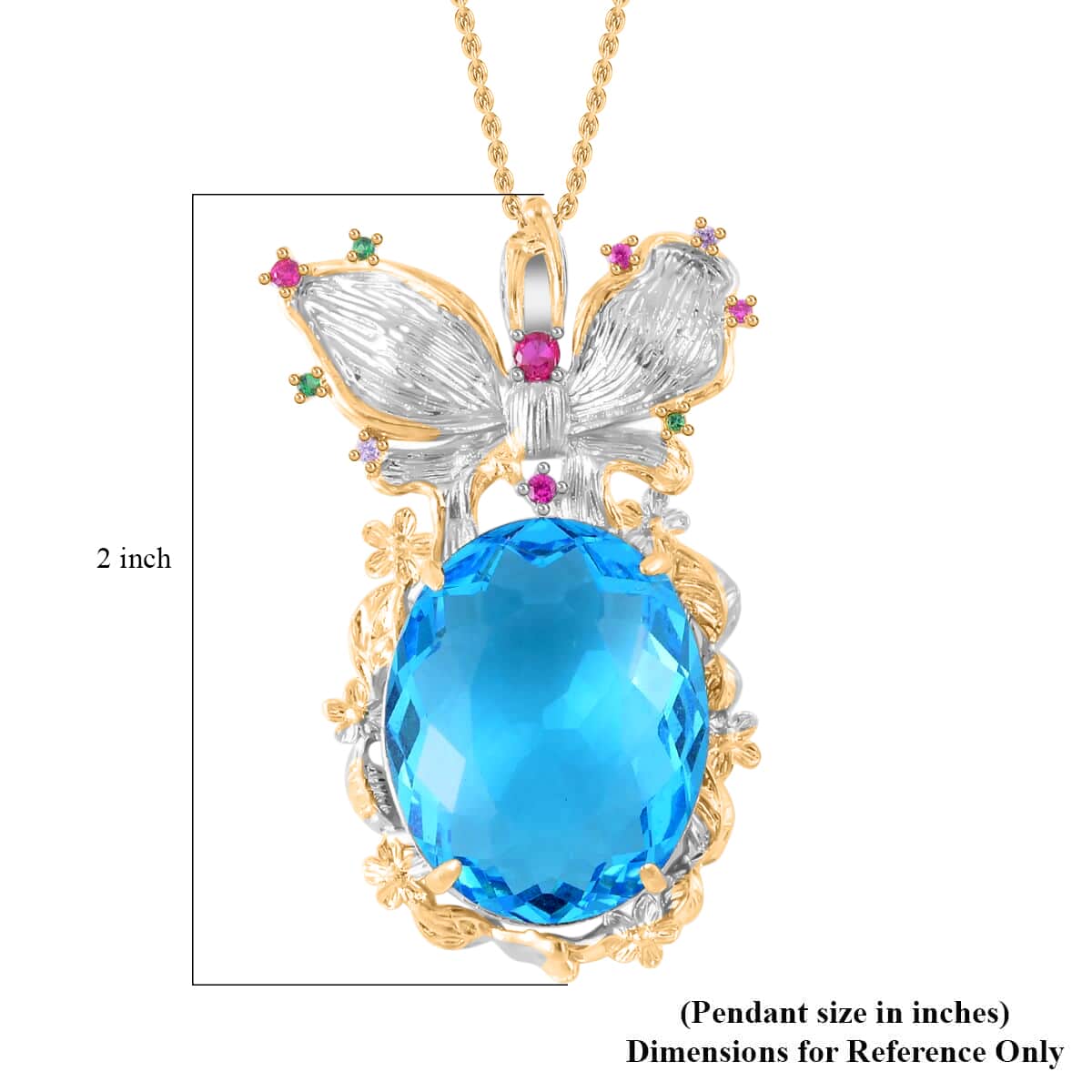 Simulated Swiss Blue Topaz, Simulated Multi Color Diamond Pendant Necklace in Goldtone and ION Plated YG Stainless Steel 20 Inches, Tarnish-Free, Waterproof, Sweat Proof Jewelry image number 5