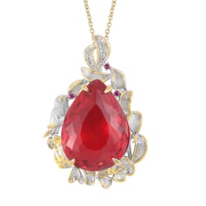 Simulated Ruby, Simulated Purple and Green Diamond Pendant in Dualtone and Stainless Steel Necklace 20 Inches