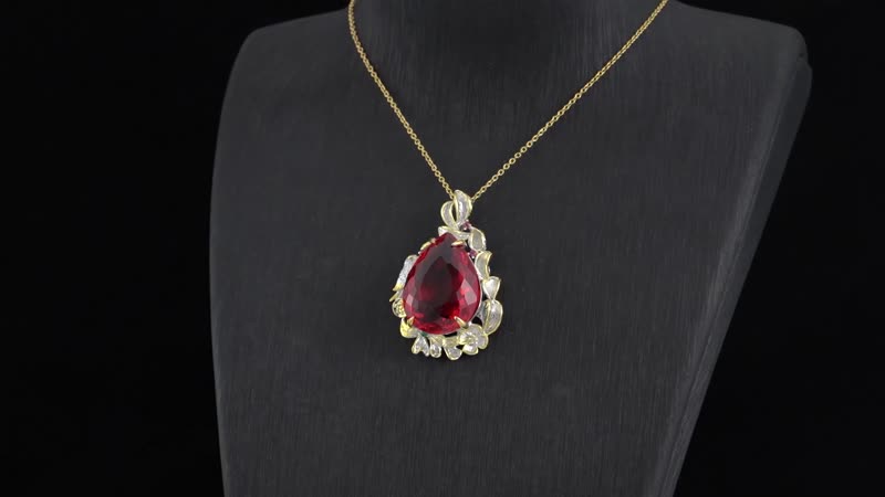 Simulated Ruby, Simulated Purple and Green Diamond Pendant Necklace 20 Inches in Dualtone and Stainless Steel