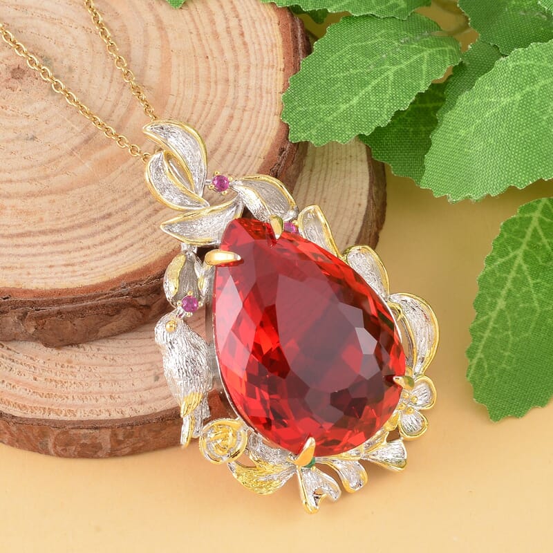 Simulated Ruby, Simulated Purple and Green Diamond Pendant in Dualtone and Stainless Steel Necklace 20 Inches