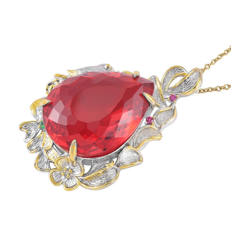 Simulated Ruby, Simulated Purple and Green Diamond Pendant in Dualtone and Stainless Steel Necklace 20 Inches