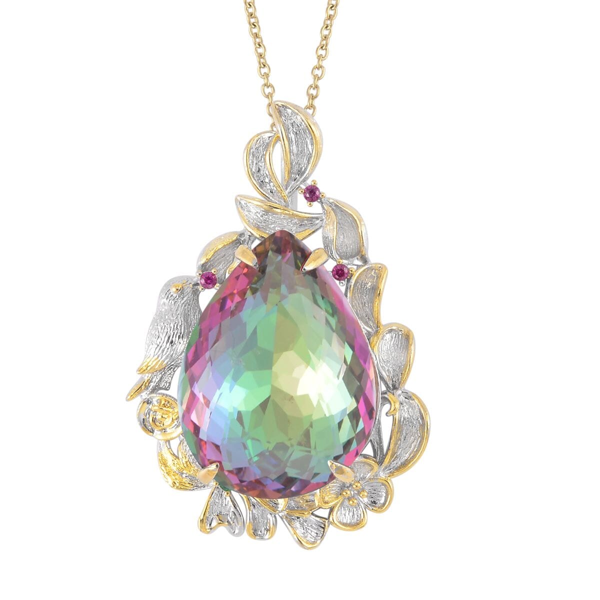 Simulated Magic Color Topaz, Simulated Purple and Green Diamond Pendant in Dualtone and Stainless Steel Necklace 20 Inches image number 0