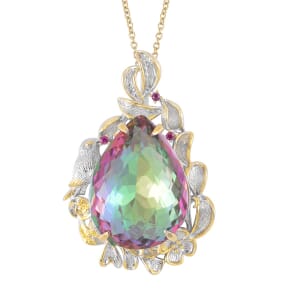 Simulated Magic Color Topaz, Simulated Purple and Green Diamond Pendant in Dualtone and Stainless Steel Necklace 20 Inches