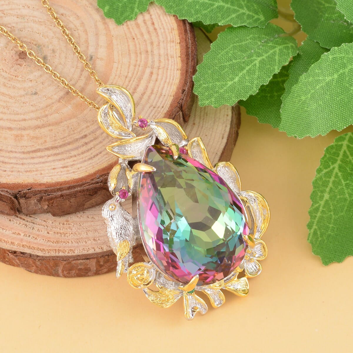 Simulated Magic Color Topaz, Simulated Purple and Green Diamond Pendant in Dualtone and Stainless Steel Necklace 20 Inches image number 1