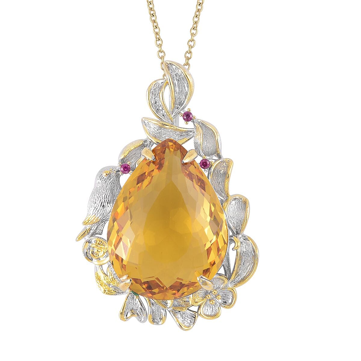 Simulated Yellow Sapphire, Simulated Purple and Green Diamond Pendant in Dualtone and Stainless Steel Necklace 20 Inches