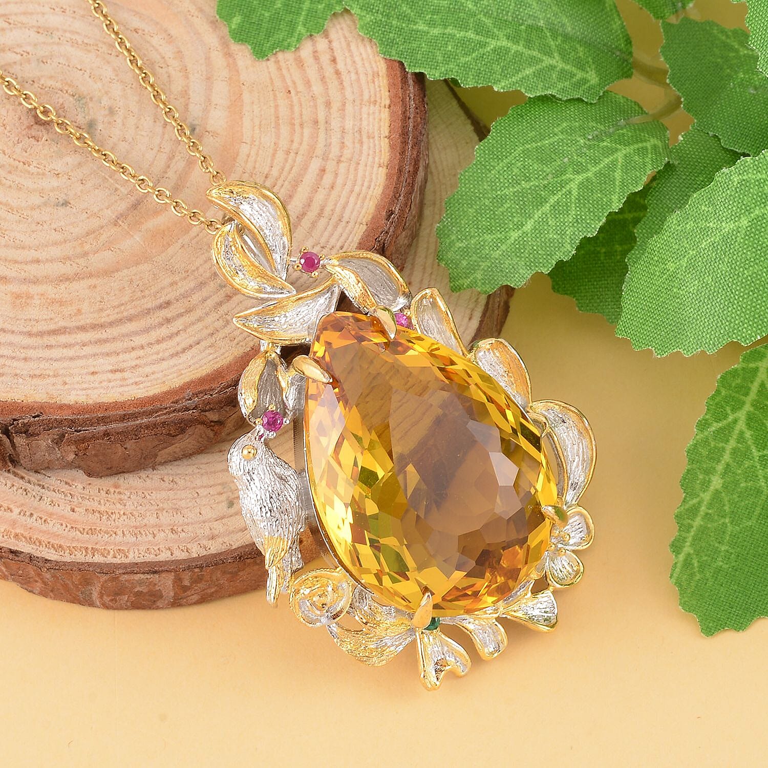 Simulated Yellow Sapphire, Simulated Purple and Green Diamond Pendant in Dualtone and Stainless Steel Necklace 20 Inches