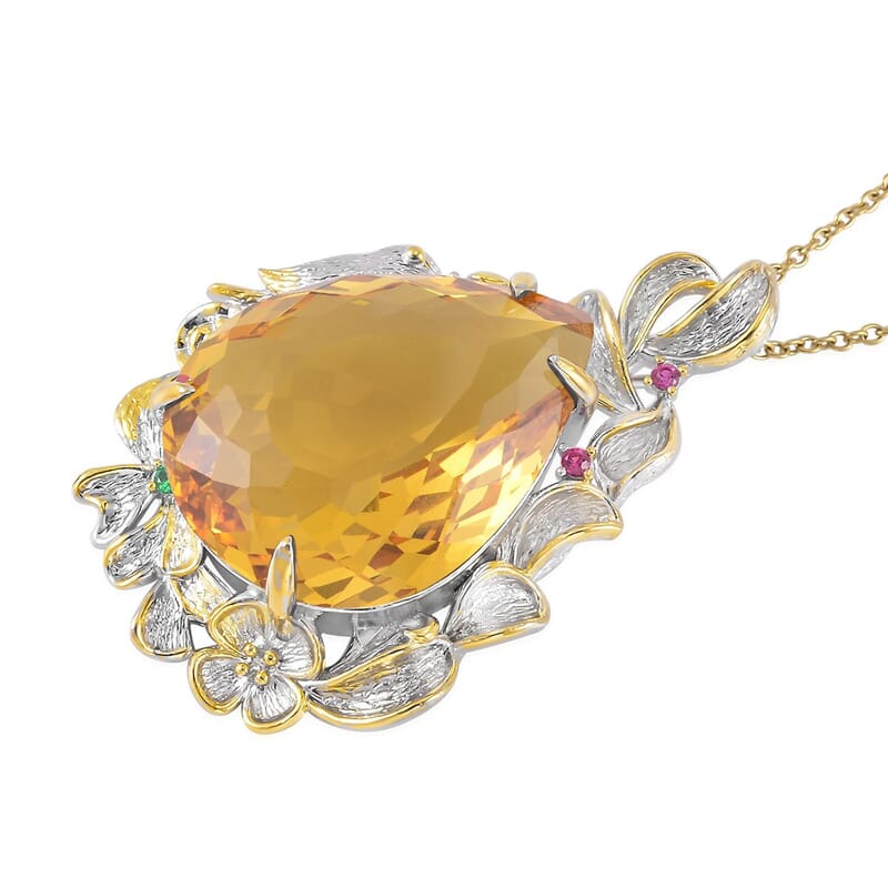 Simulated Yellow Sapphire, Simulated Purple and Green Diamond Pendant in Dualtone and Stainless Steel Necklace 20 Inches