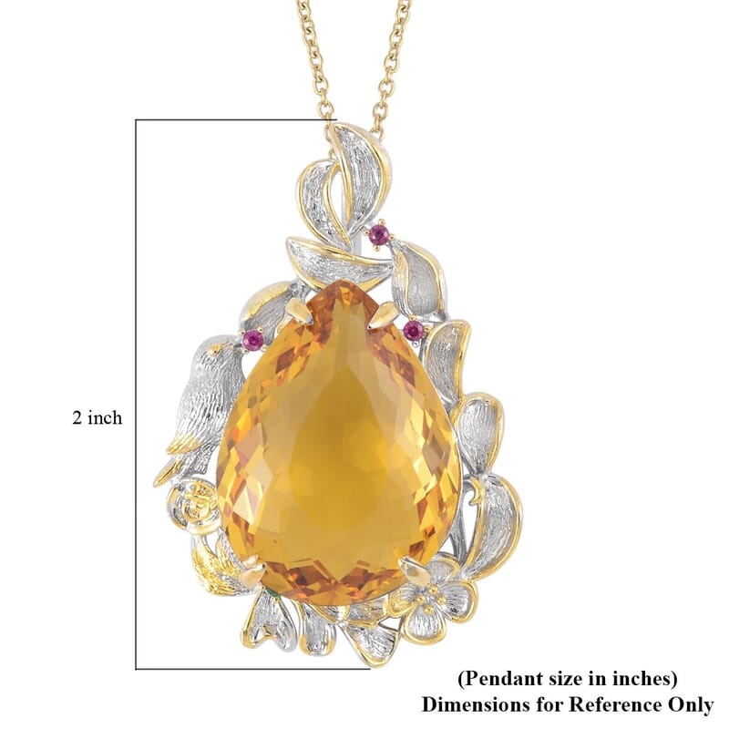 Simulated Yellow Sapphire, Simulated Purple and Green Diamond Pendant in Dualtone and Stainless Steel Necklace 20 Inches