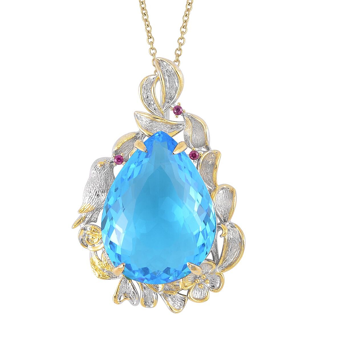 Simulated Swiss Blue Topaz, Simulated Purple and Green Diamond Pendant in Dualtone and Stainless Steel Necklace 20 Inches image number 0