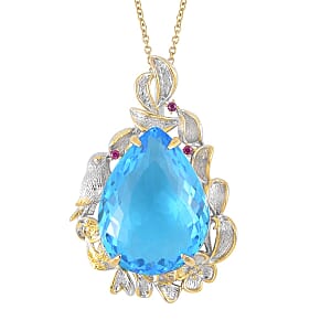 Simulated Swiss Blue Topaz, Simulated Purple and Green Diamond Pendant in Dualtone and Stainless Steel Necklace 20 Inches