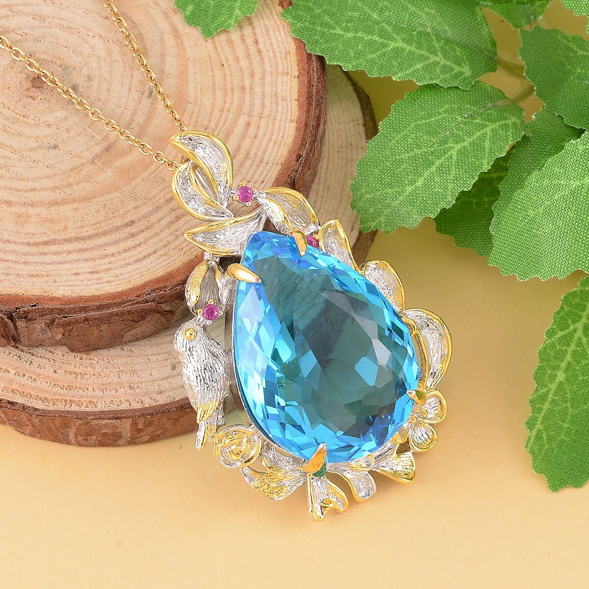 Simulated Swiss Blue Topaz, Simulated Purple and Green Diamond Pendant in Dualtone and Stainless Steel Necklace 20 Inches image number 1