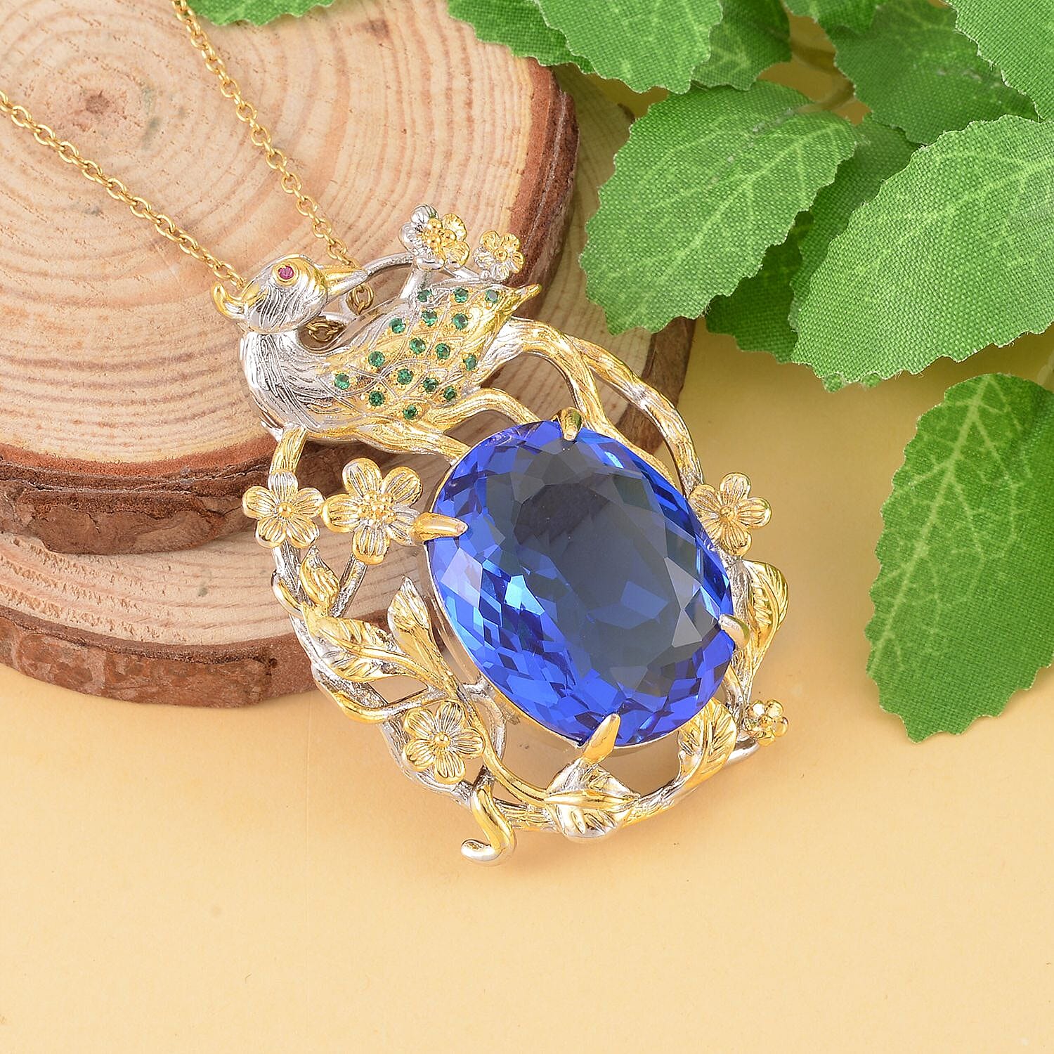 Simulated Tanzanite and Simulated Green Diamond Pendant in Dualtone with Stainless Steel Necklace 20 Inches