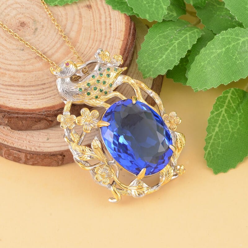 Simulated Tanzanite and Simulated Green Diamond Pendant in Dualtone with Stainless Steel Necklace 20 Inches