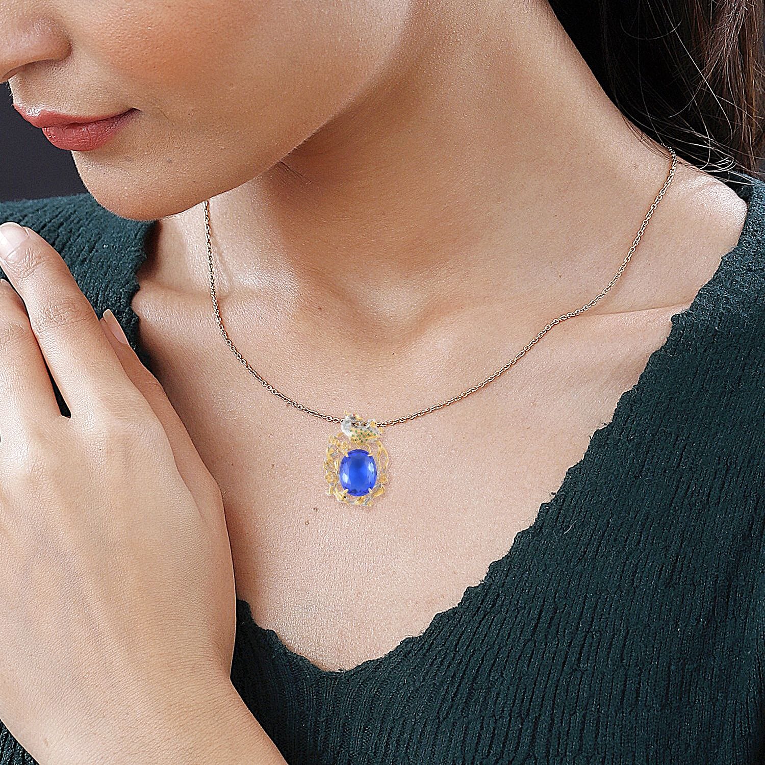 Simulated Tanzanite and Simulated Green Diamond Pendant in Dualtone with Stainless Steel Necklace 20 Inches