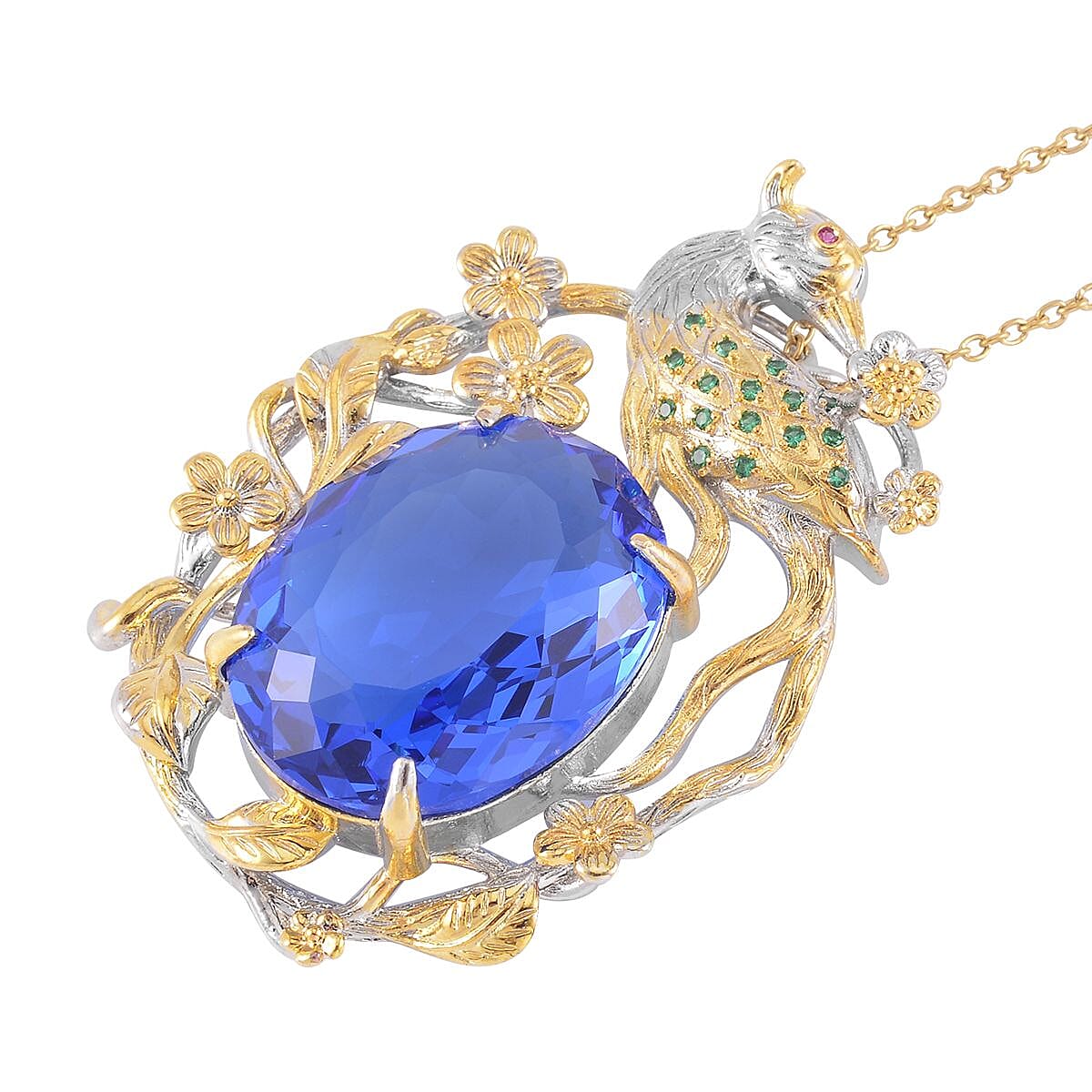 Simulated Tanzanite and Simulated Green Diamond Pendant in Dualtone with Stainless Steel Necklace 20 Inches