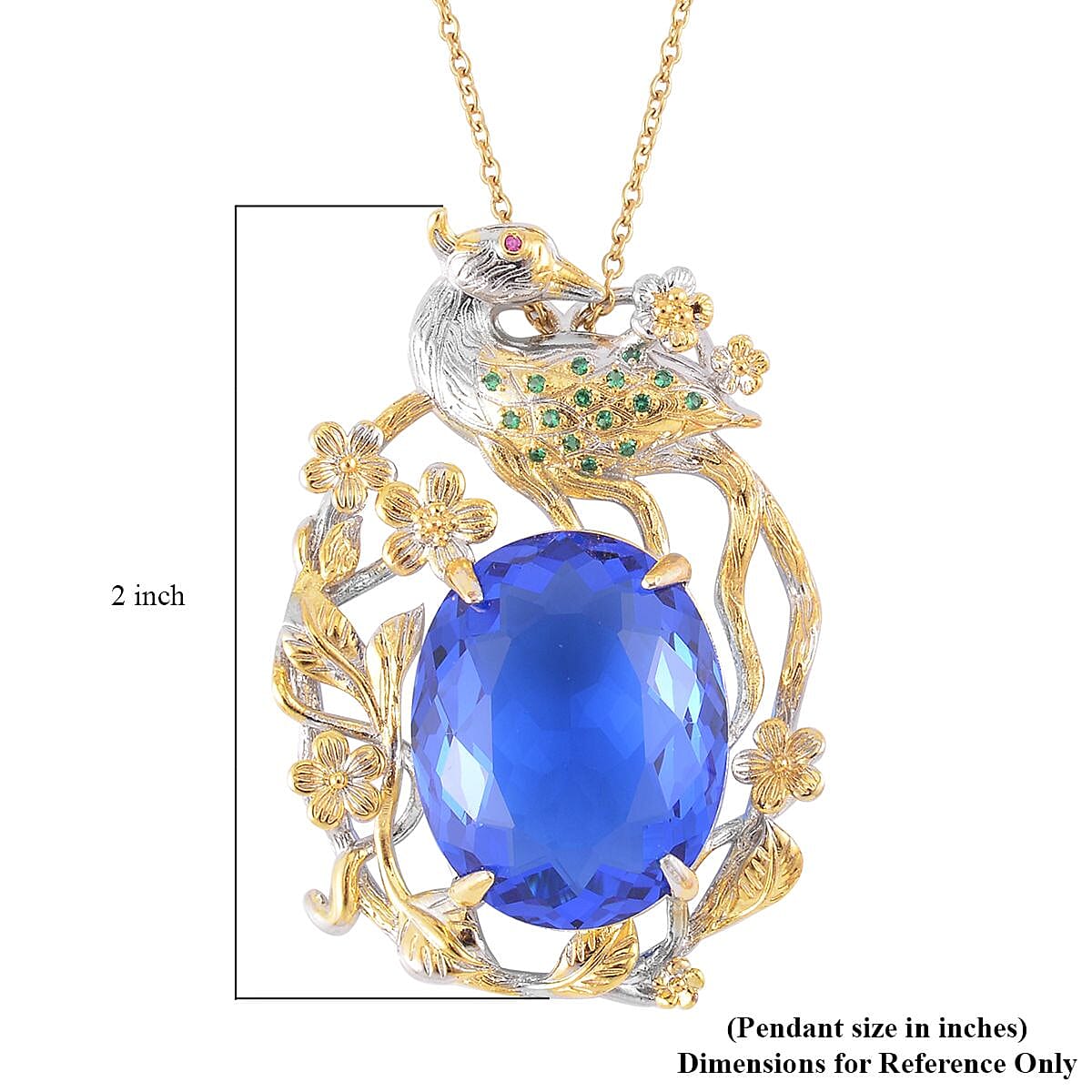 Simulated Tanzanite and Simulated Green Diamond Pendant in Dualtone with Stainless Steel Necklace 20 Inches