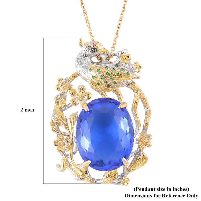 Simulated Tanzanite and Simulated Green Diamond Pendant in Dualtone with Stainless Steel Necklace 20 Inches