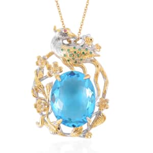 Simulated Swiss Blue Topaz and Simulated Green Diamond Pendant in Dualtone with Stainless Steel Necklace 20 Inches