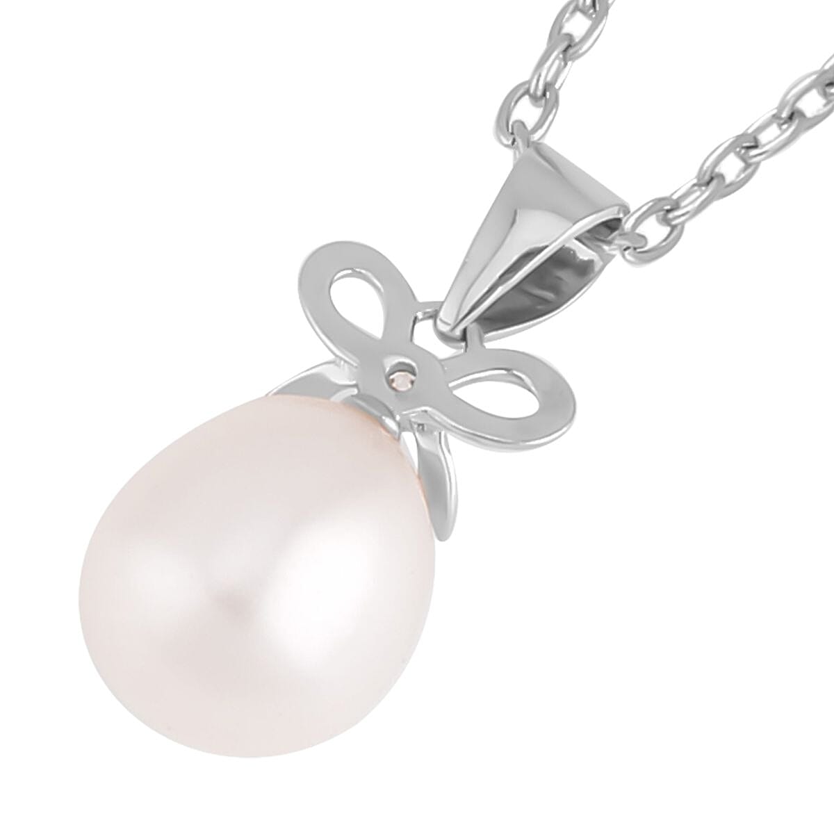 Freshwater Cultured Pearl and Simulated Diamond Pendant in Rhodium Over Sterling Silver with Stainless Steel Necklace 20 Inches