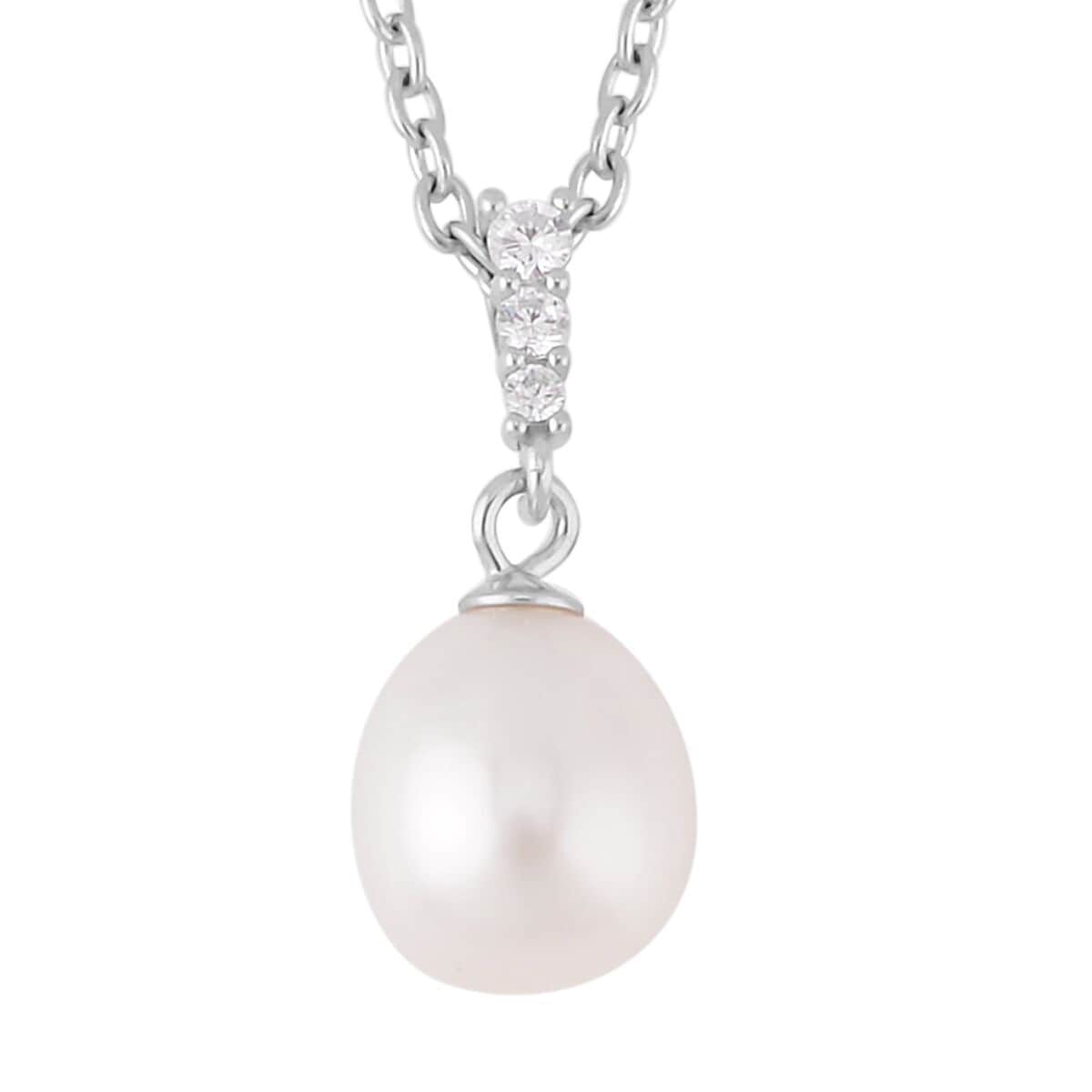 Freshwater Cultured Pearl and Simulated Diamond Pendant in Rhodium Over Sterling Silver with Stainless Steel Necklace 20 Inches 0.11 ctw image number 0