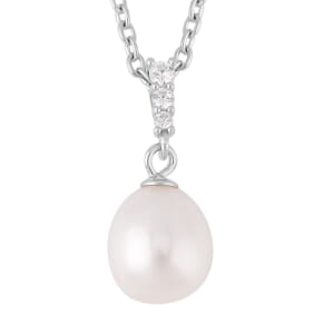 Freshwater Cultured Pearl and Simulated Diamond Pendant in Rhodium Over Sterling Silver with Stainless Steel Necklace 20 Inches 0.11 ctw
