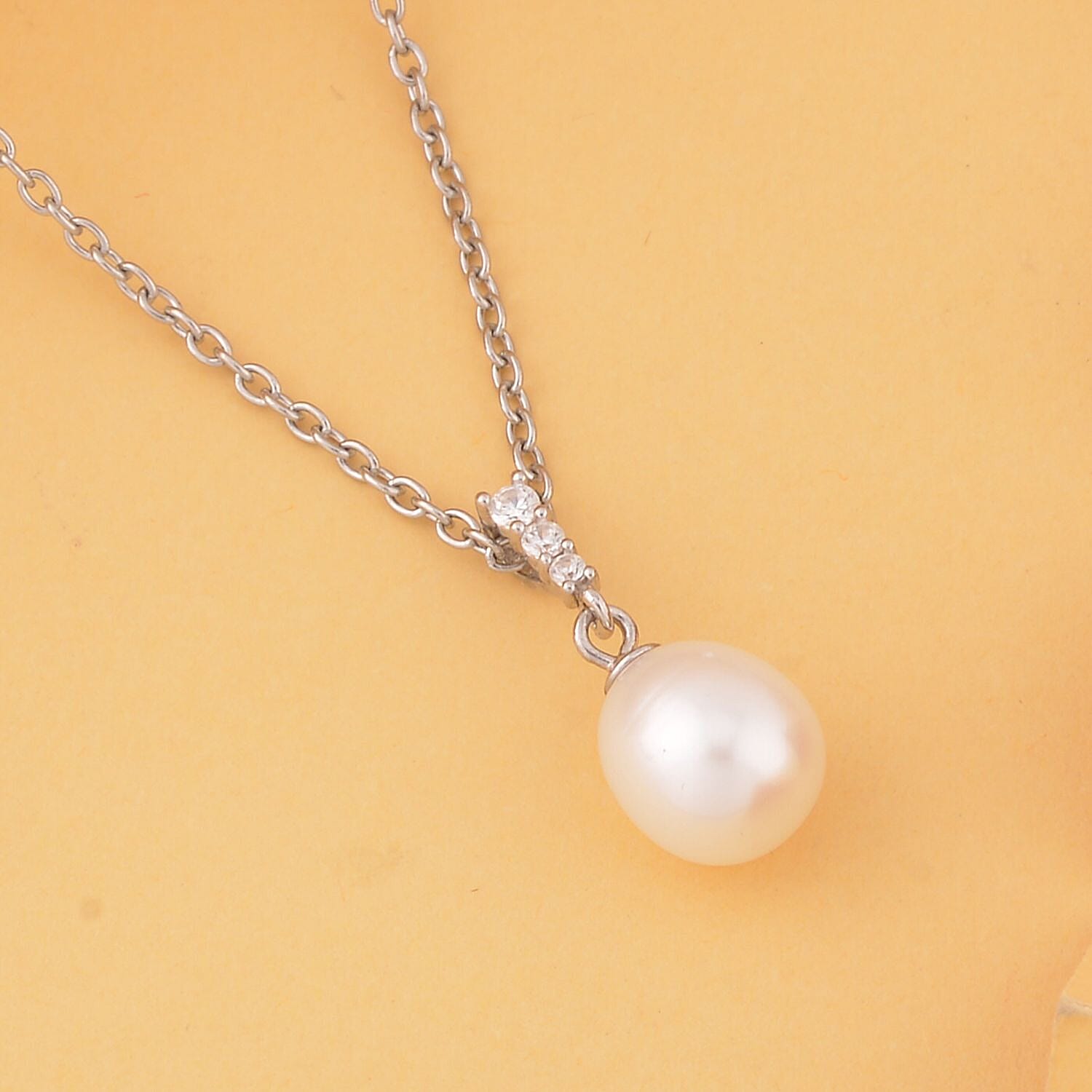 Freshwater Cultured Pearl and Simulated Diamond Pendant in Rhodium Over Sterling Silver with Stainless Steel Necklace 20 Inches 0.11 ctw