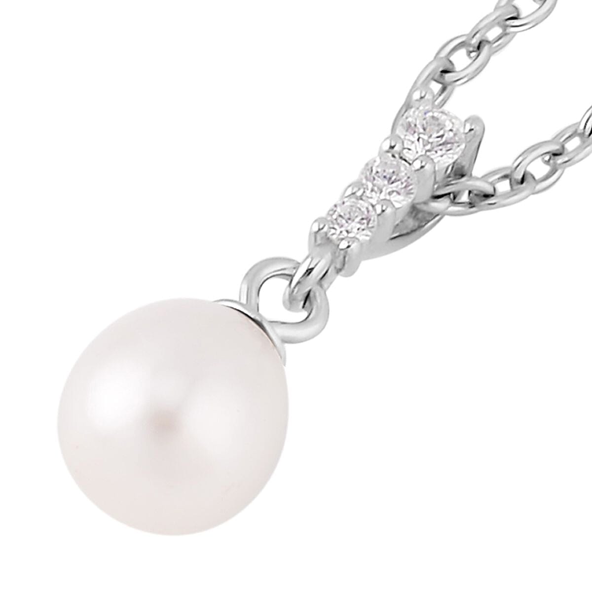 Freshwater Cultured Pearl and Simulated Diamond Pendant in Rhodium Over Sterling Silver with Stainless Steel Necklace 20 Inches 0.11 ctw