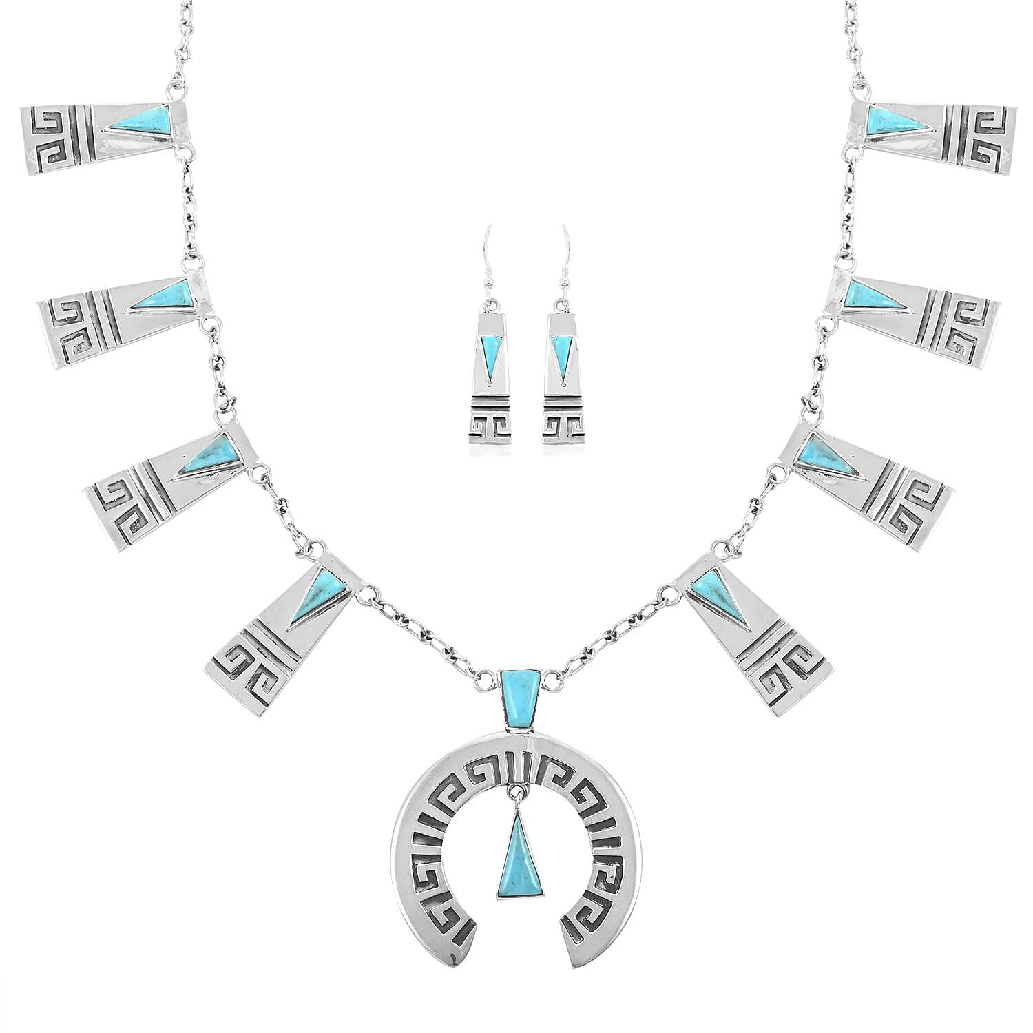 Santa Fe Style Kingman Turquoise Tribal Horseshoe Necklace 20 Inches and Earrings in Sterling Silver 15.00 ctw