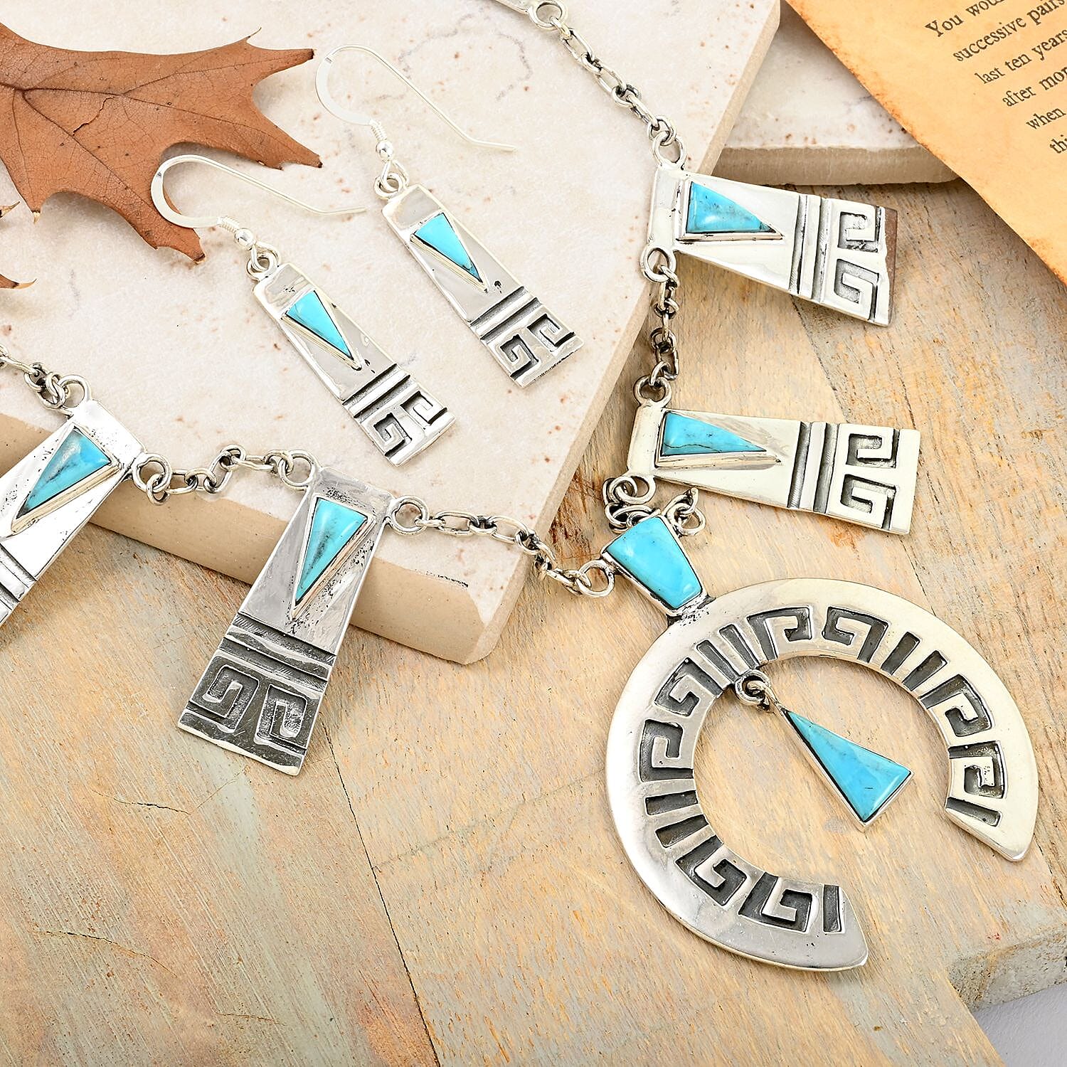 Santa Fe Style Kingman Turquoise Tribal Horseshoe Necklace 20 Inches and Earrings in Sterling Silver 15.00 ctw