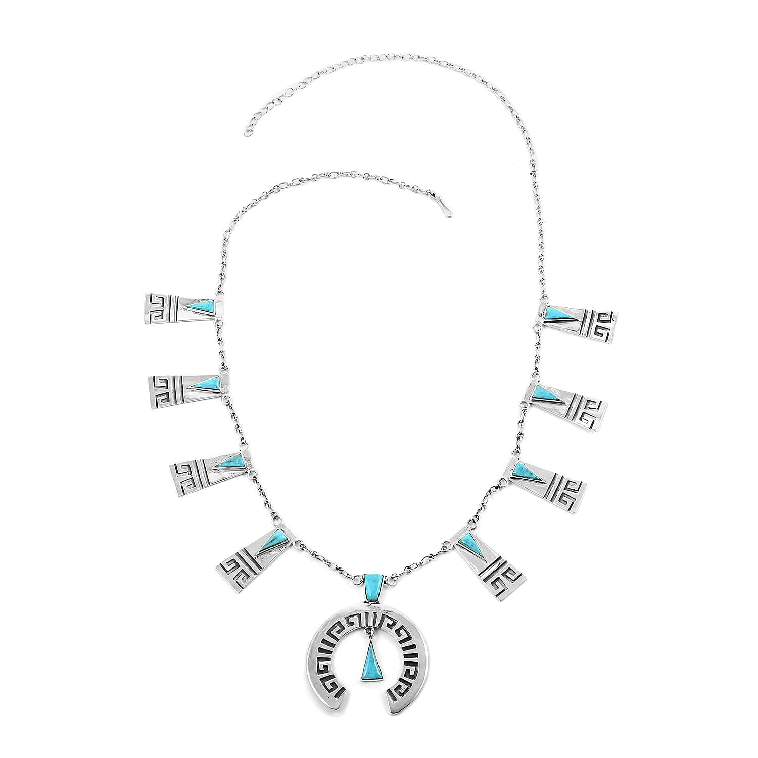 Santa Fe Style Kingman Turquoise Tribal Horseshoe Necklace 20 Inches and Earrings in Sterling Silver 15.00 ctw