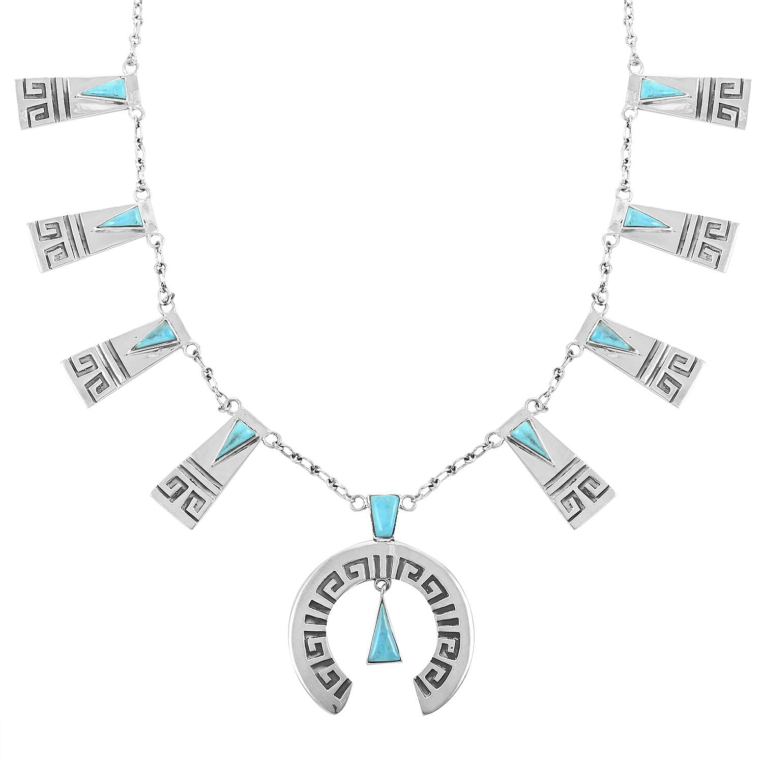 Santa Fe Style Kingman Turquoise Tribal Horseshoe Necklace 20 Inches and Earrings in Sterling Silver 15.00 ctw
