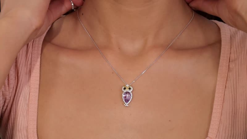 Premium Rose De France Amethyst and Multi Gemstone Owl Pendant Necklace 20 Inches in Vermeil YG and Platinum Over Sterling Silver 3.75 ctw