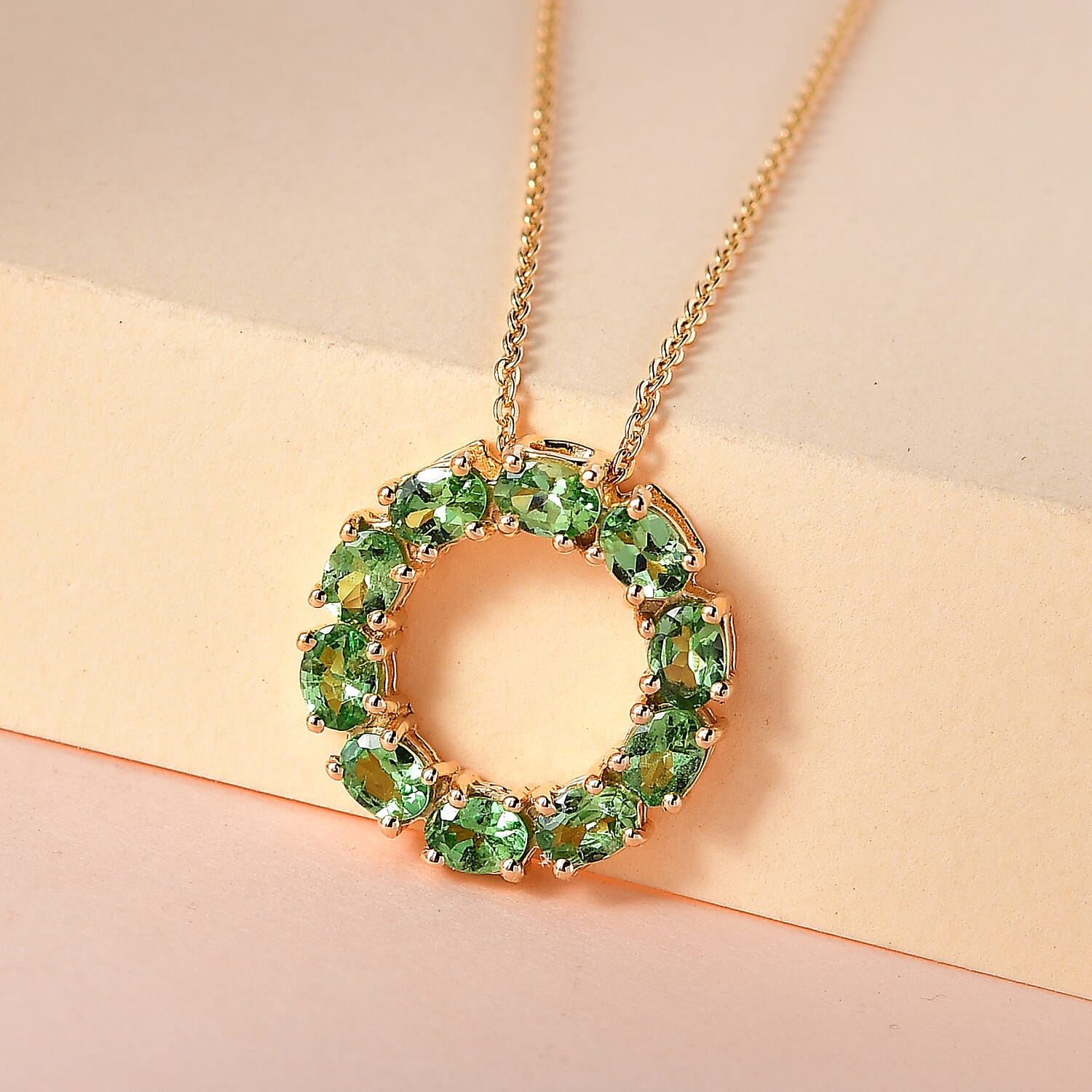 Premium Tsavorite Garnet Circle Pendant Necklace 20 Inches in Vermeil Yellow Gold Over Sterling Silver 1.75 ctw