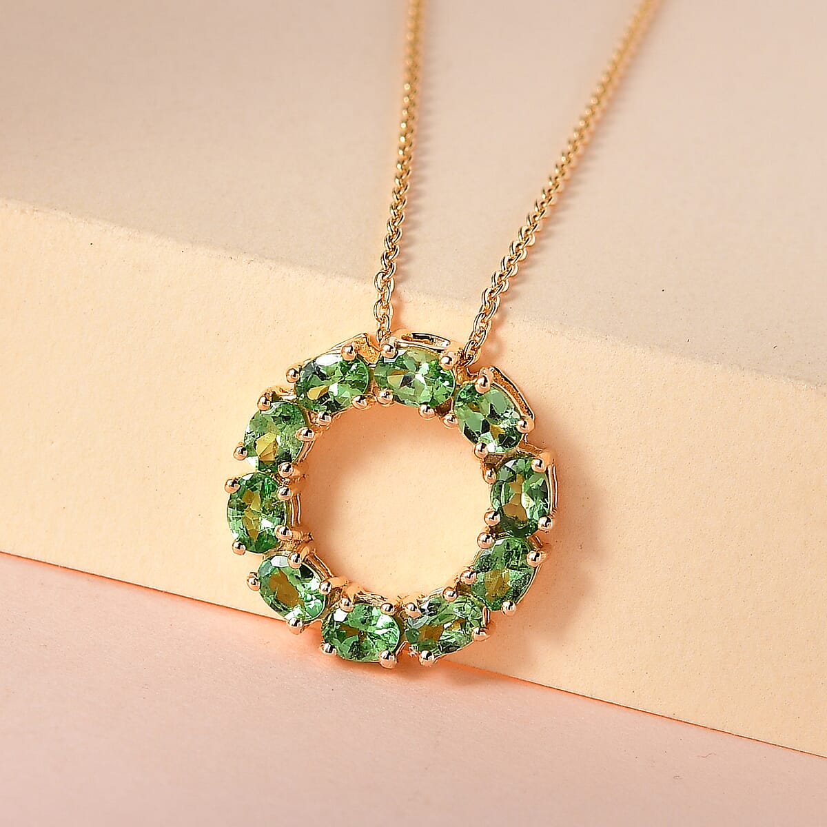 Premium Tsavorite Garnet Circle Pendant Necklace 20 Inches in Vermeil Yellow Gold Over Sterling Silver 1.75 ctw image number 1